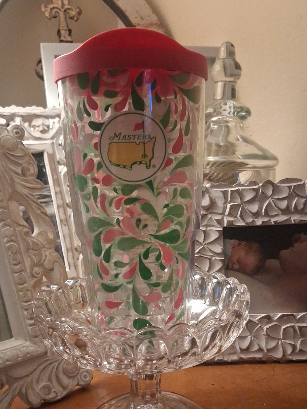 Masters tervis Tumbler with Red Lid and Pink & Green Swirl Design